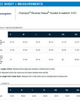 Measurement chart for Champion Reverse Weave Hooded Sweatshirt S101 with size chart.