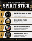 Spirit stick ordering steps for entering a name, choosing a finish, and approving a proof