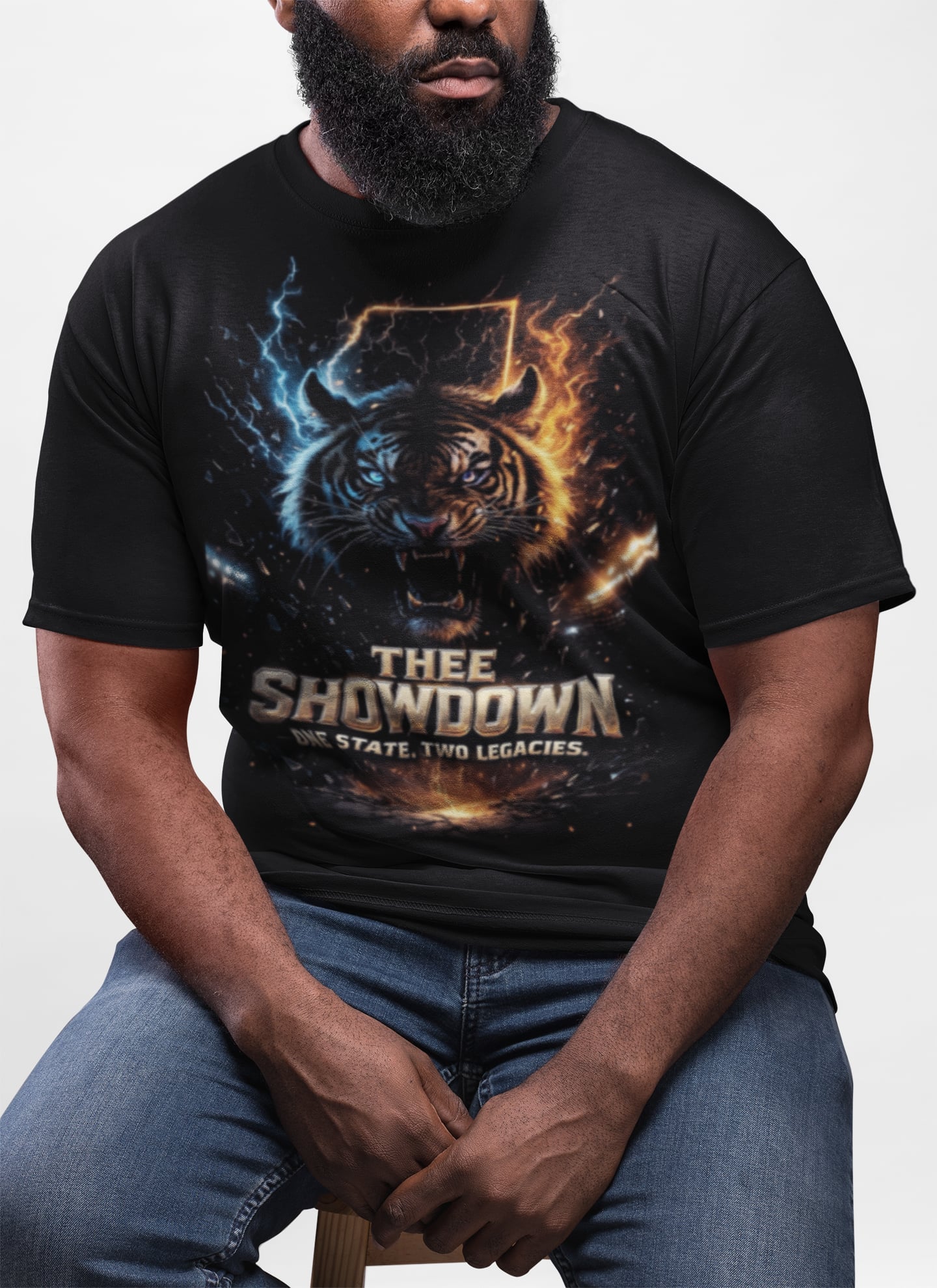 Black short-sleeve T-shirt with glowing tiger graphic and bold logo text