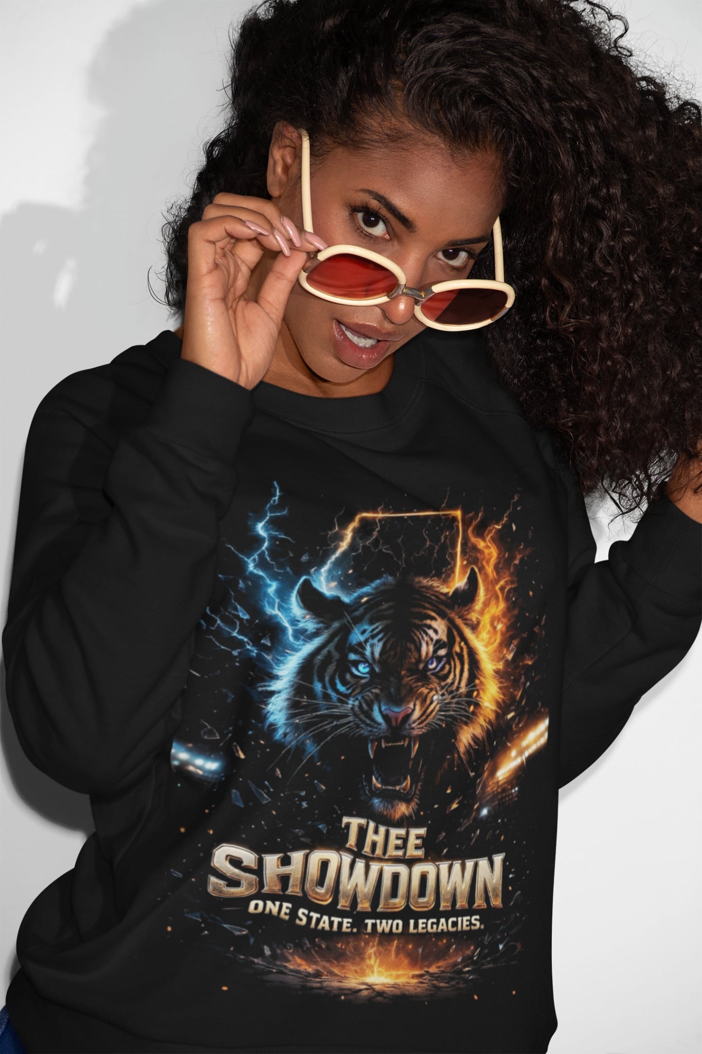 Black long-sleeve sweatshirt with glowing tiger graphic and bold logo text