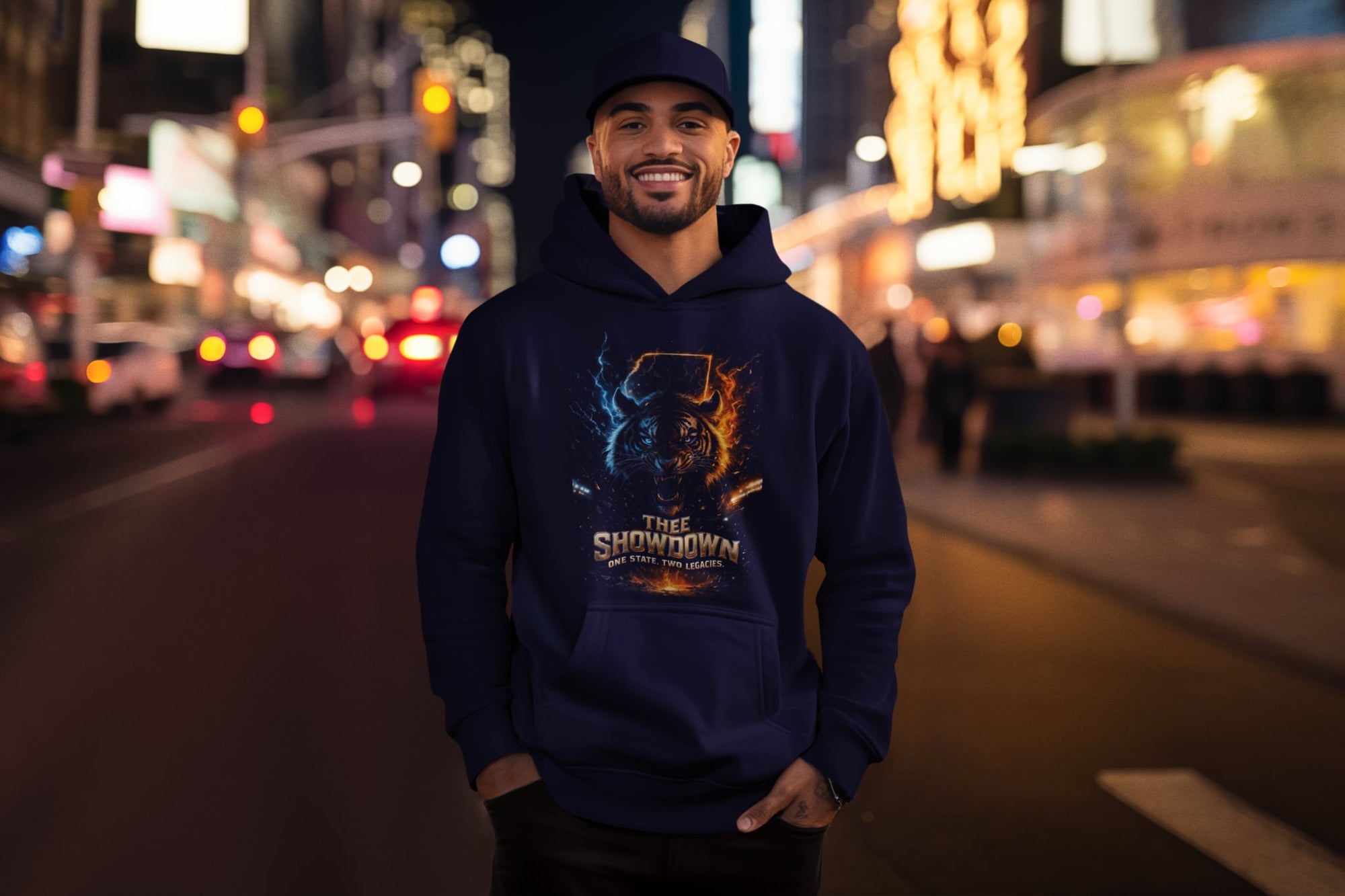 Navy pullover hoodie with glowing tiger graphic and centered logo text