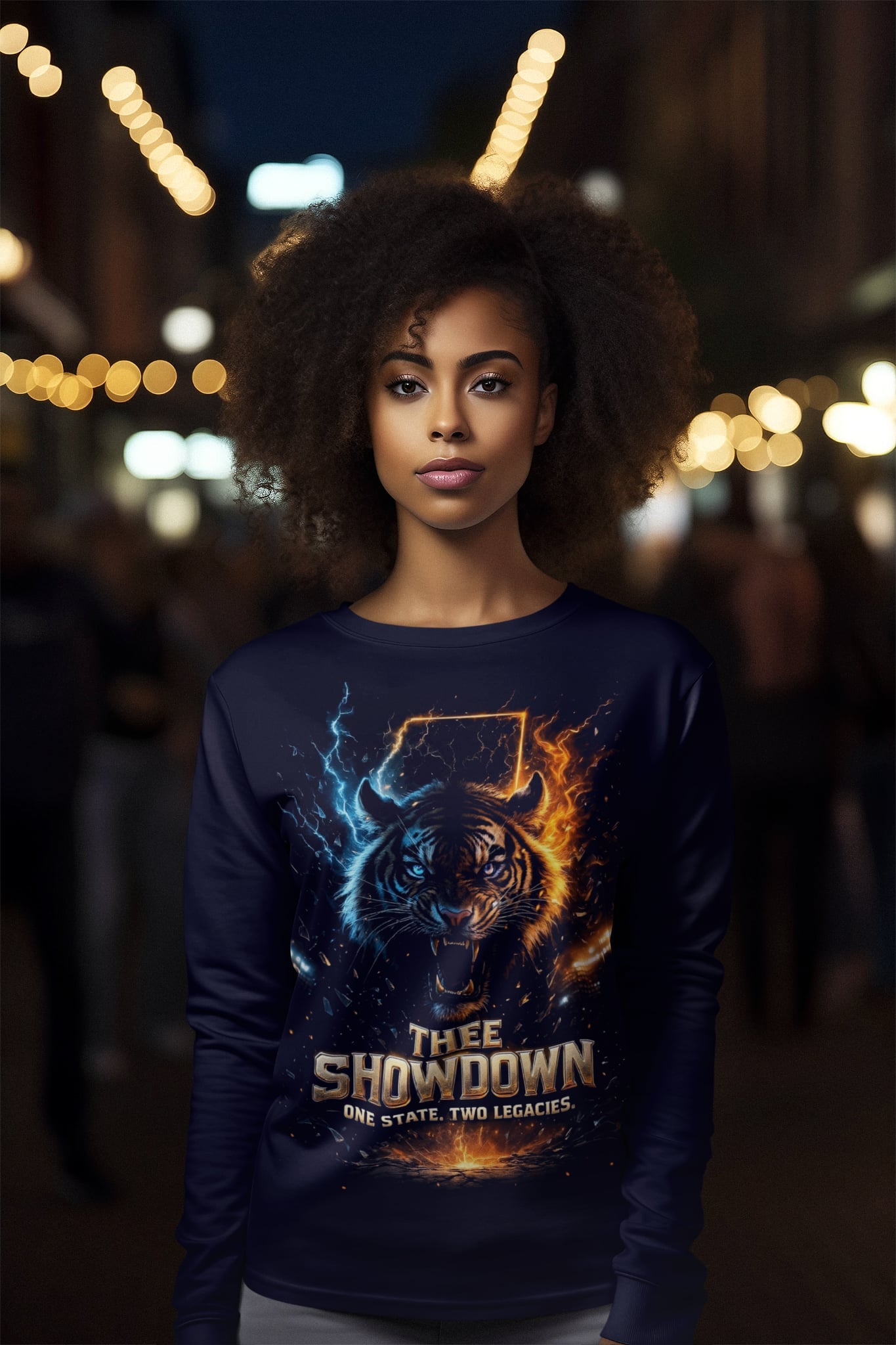 Navy long-sleeve shirt with glowing tiger graphic and centered logo text