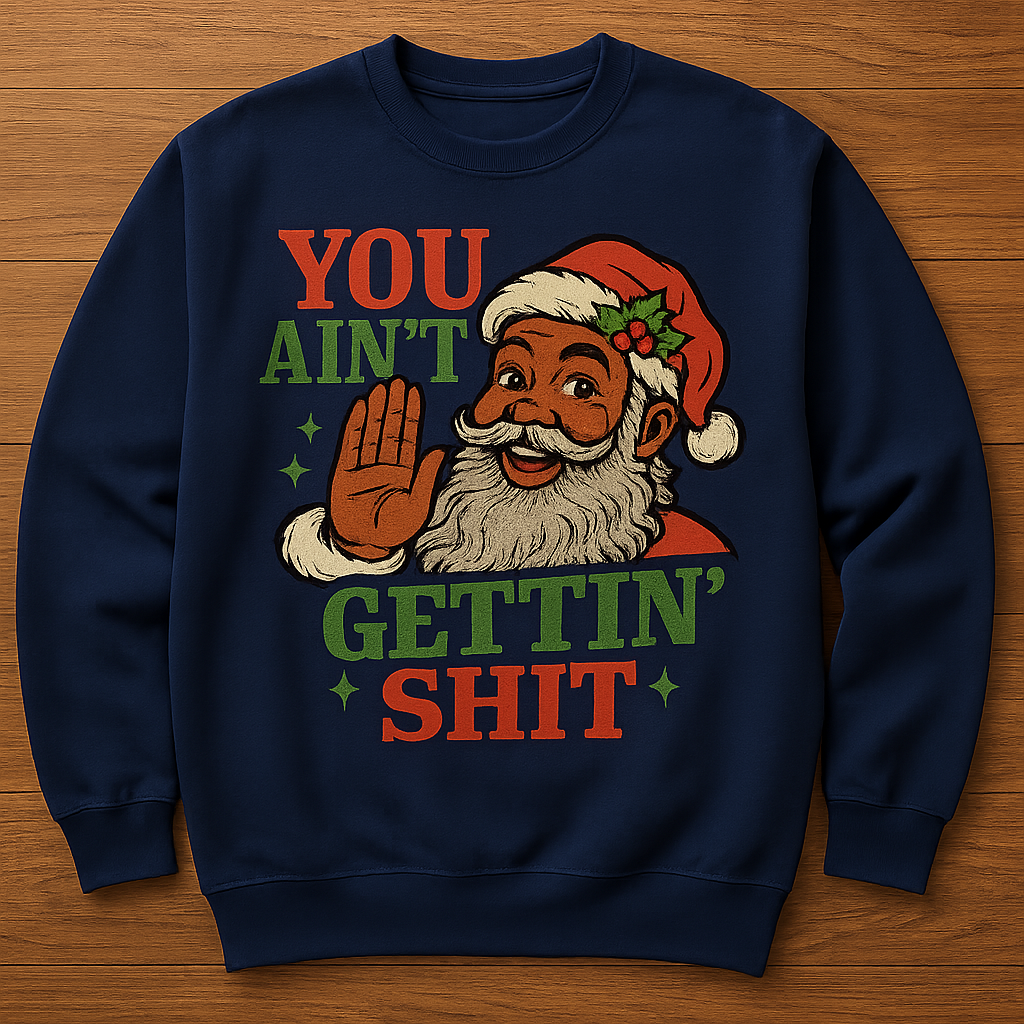 Navy crewneck sweatshirt with cartoon Santa graphic and green/red lettering