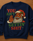 Navy crewneck sweatshirt with cartoon Santa graphic and green/red lettering