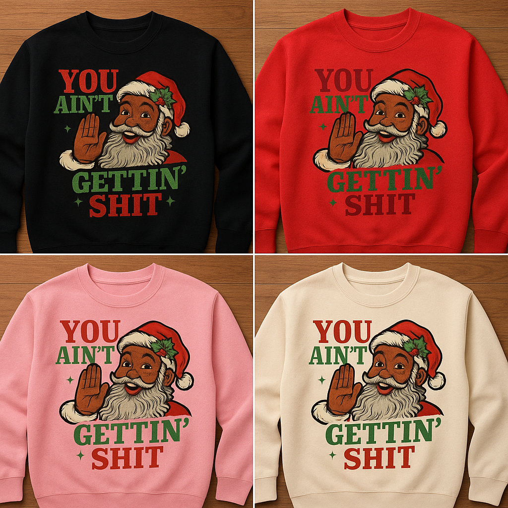Crewneck sweatshirt set in black, red, pink, and natural with Santa graphic