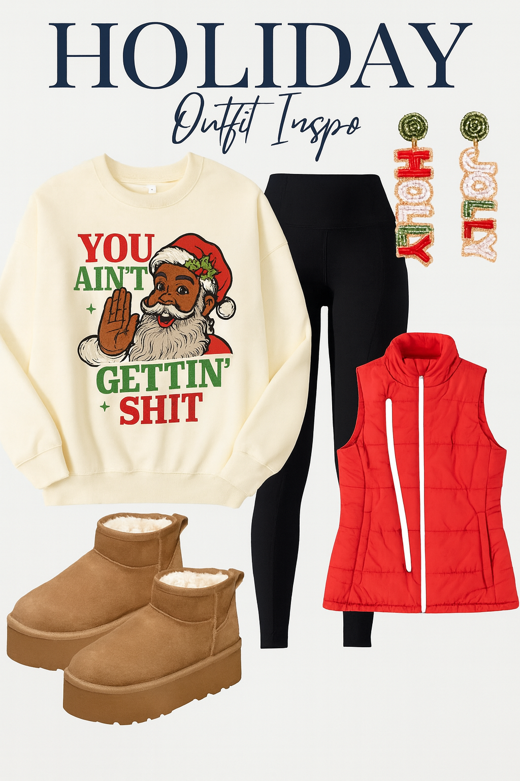Light cream crewneck sweatshirt with cartoon Santa raised-hand graphic and slogan