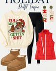 Light cream crewneck sweatshirt with cartoon Santa raised-hand graphic and slogan