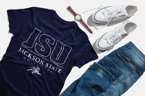 Navy unisex crew neck T-shirt with JSU Tiger front graphic