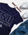 Navy unisex crew neck T-shirt with JSU Tiger front graphic