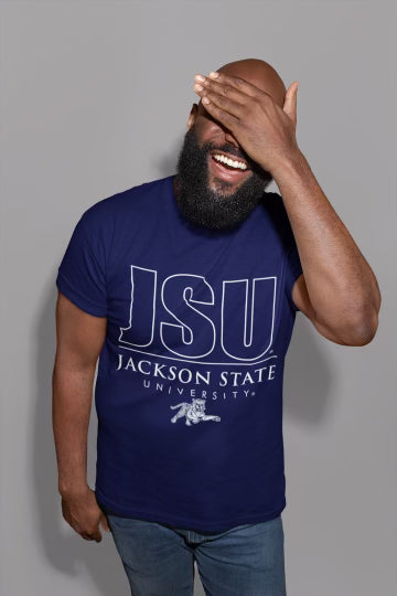 Navy unisex crew neck T-shirt with large JSU front graphic