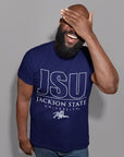 Navy unisex crew neck T-shirt with large JSU front graphic
