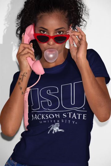 Navy unisex crew neck T-shirt with JSU front logo and Tiger mascot
