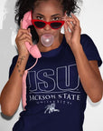 Navy unisex crew neck T-shirt with JSU front logo and Tiger mascot