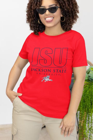 Red unisex crew neck T-shirt with JSU front graphic and Tiger mascot