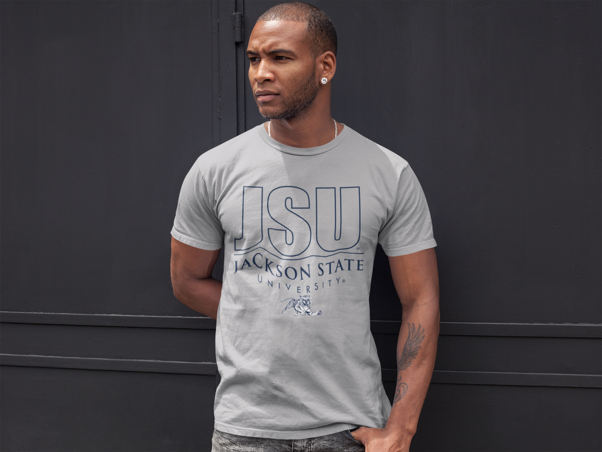 Athletic heather grey unisex crew neck T-shirt with JSU Tiger front logo
