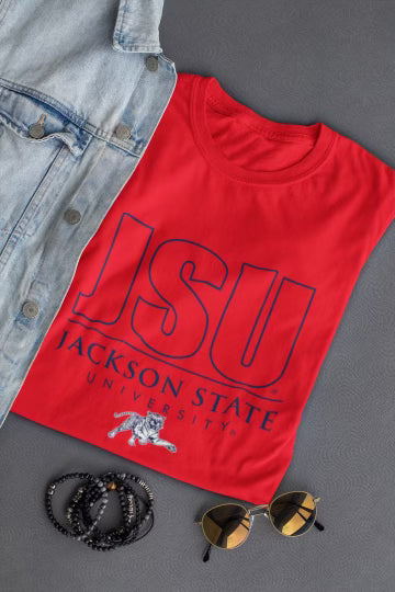 Red unisex crew neck T-shirt with JSU logo and Tiger mascot print