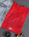 Red unisex crew neck T-shirt with JSU logo and Tiger mascot print