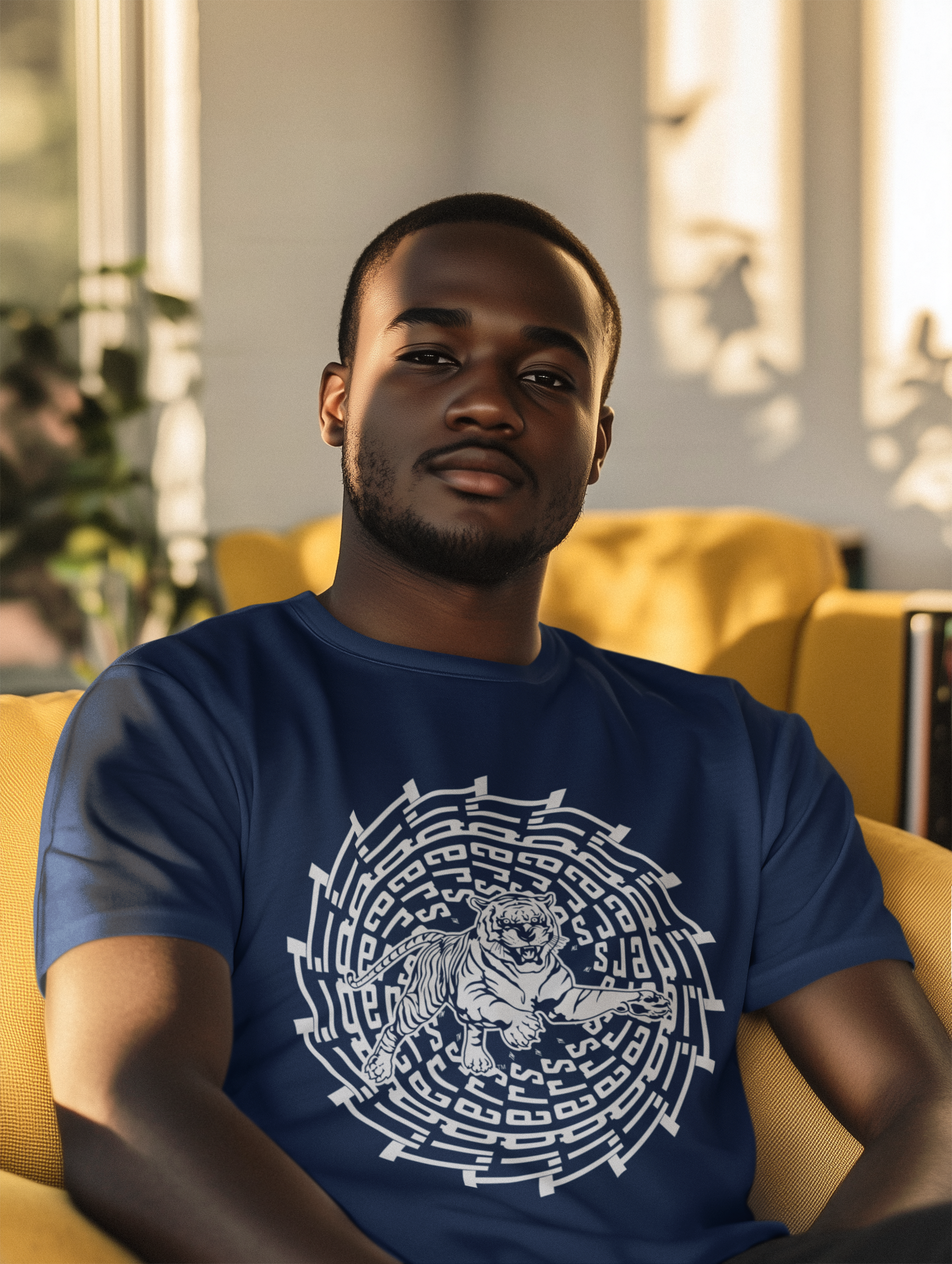 Dark blue short sleeve T-shirt with white tiger face maze graphic on chest