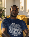 Dark blue short sleeve T-shirt with white tiger face maze graphic on chest
