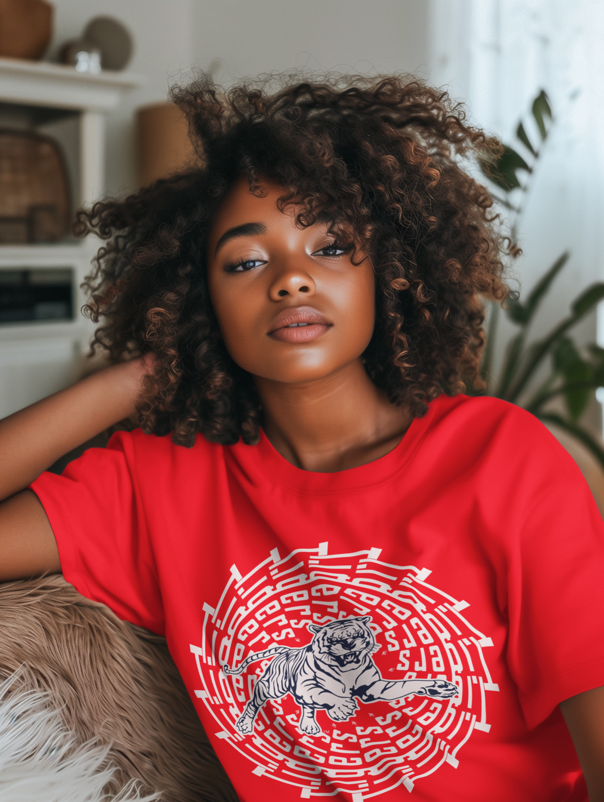 Red short sleeve T-shirt with white tiger face maze graphic worn by a model
