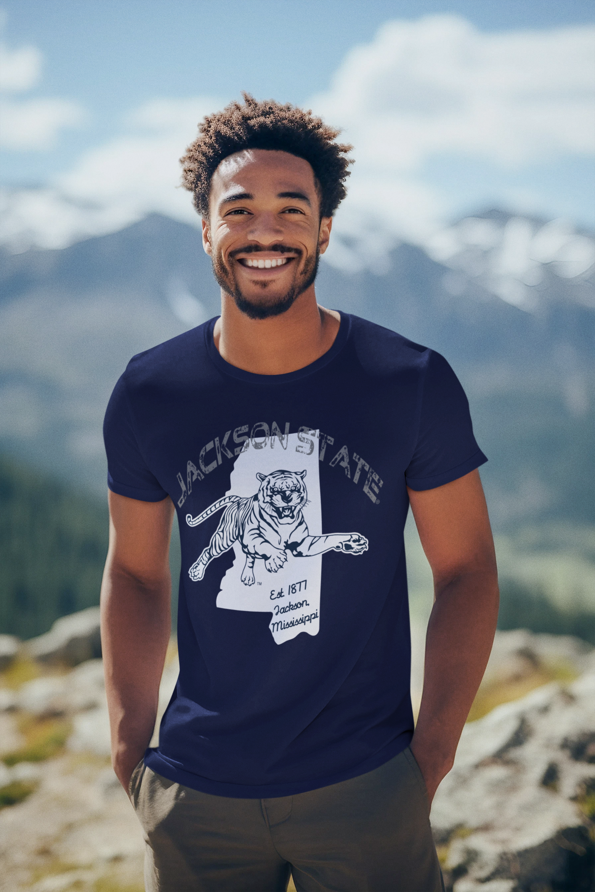 Navy short-sleeve T-shirt with front tiger logo graphic, worn by smiling man.