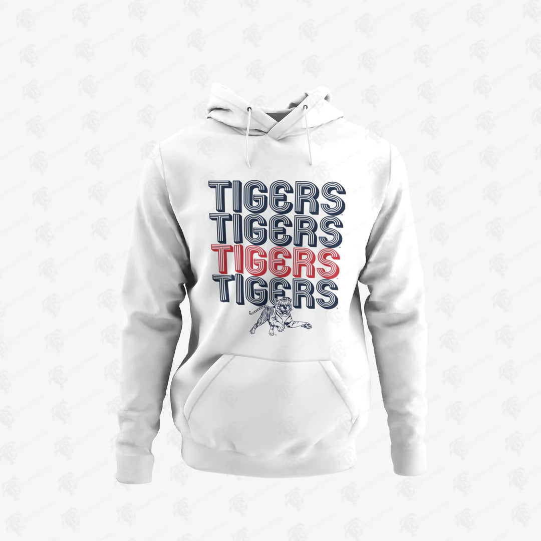 Youth white pullover hoodie with 'TIGERS' graphic and striped lettering