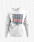 Youth white pullover hoodie with 'TIGERS' graphic and striped lettering