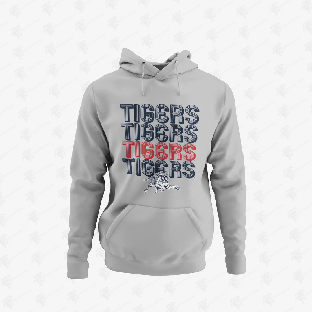 Youth athletic heather grey pullover hoodie with 'TIGERS' graphic and striped lettering