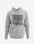Youth athletic heather grey pullover hoodie with 'TIGERS' graphic and striped lettering