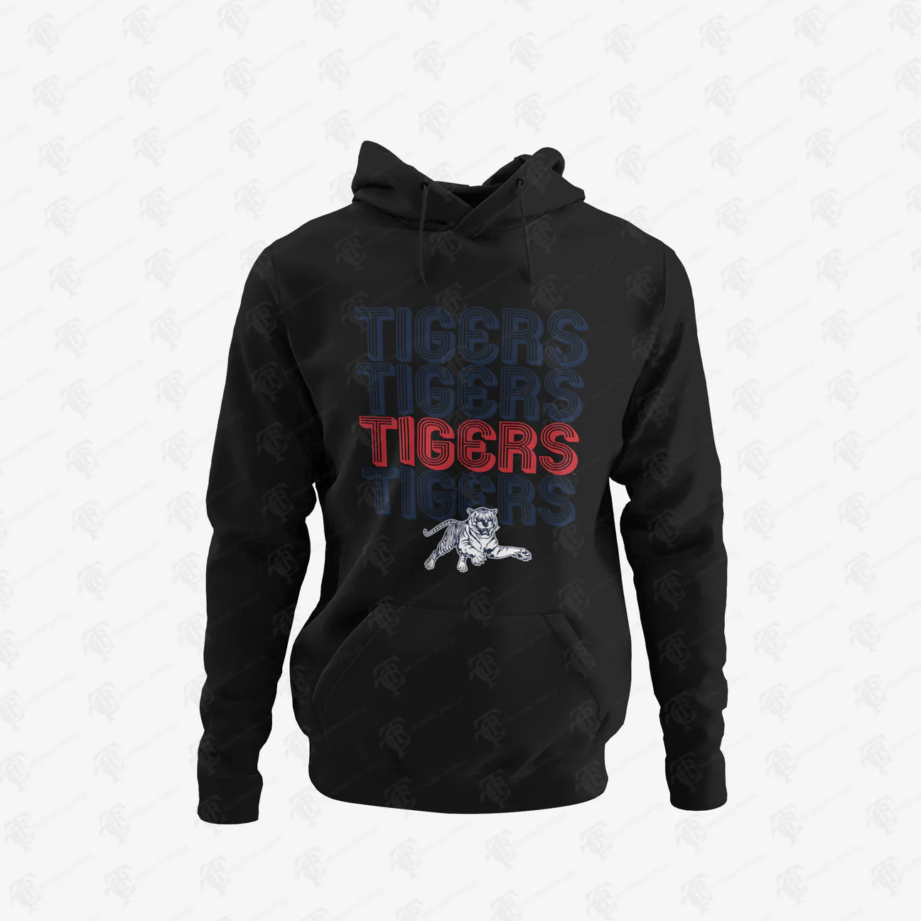 Youth black pullover hoodie with 'TIGERS' graphic and striped lettering