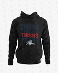 Youth black pullover hoodie with 'TIGERS' graphic and striped lettering