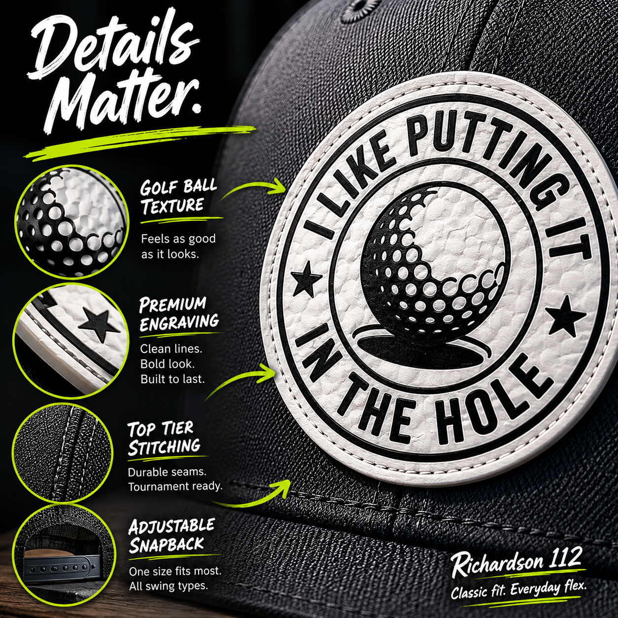 Trucker hat front patch close-up with golf ball texture and 'I Like Putting In The Hole' text