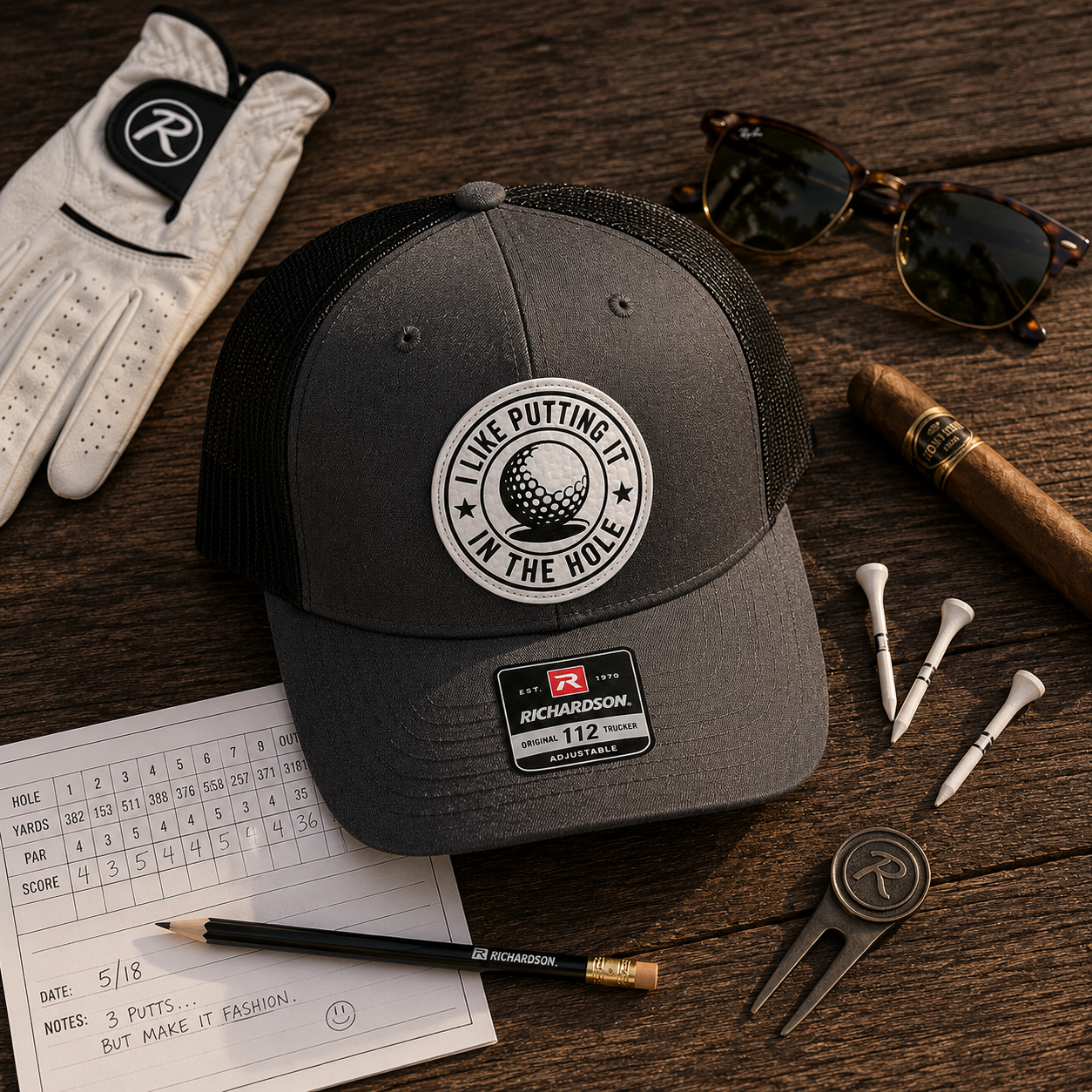 Dark gray trucker golf hat with black mesh, circular logo patch, and Richardson 112 tag
