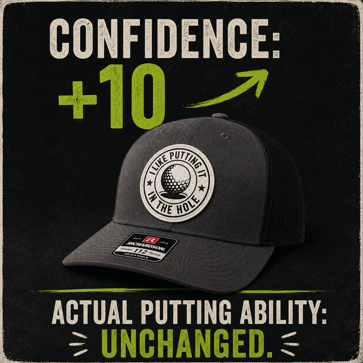 Gray and black trucker golf hat shown on box with circular golf logo patch