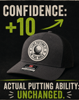 Gray and black trucker golf hat shown on box with circular golf logo patch