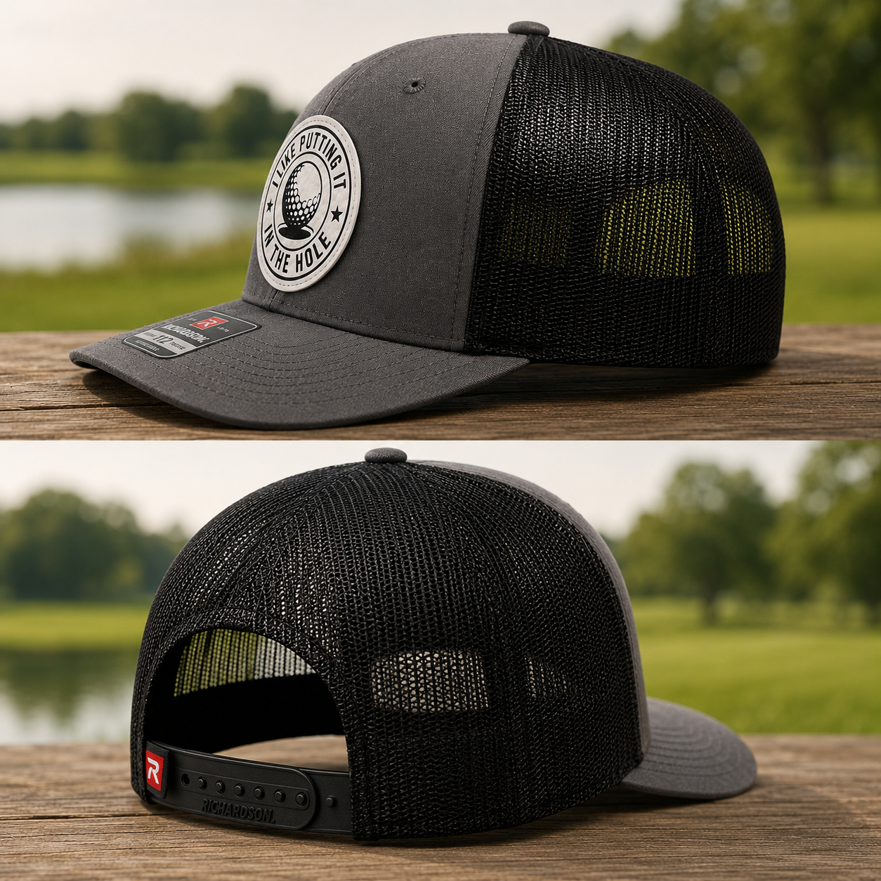 Heather gray trucker golf hat with black mesh sides and round golf ball logo patch