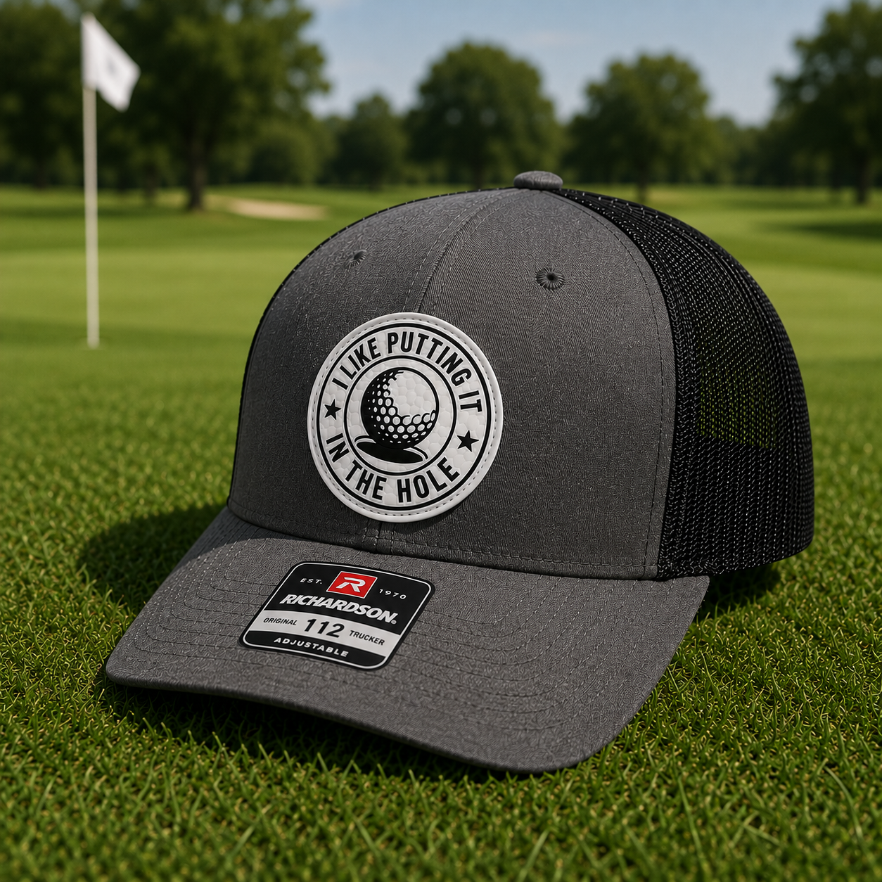 Golf trucker patch hat, dark gray front with white logo patch and black mesh back