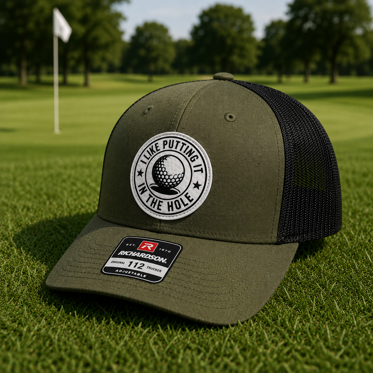 Golf trucker patch hat, olive front with white logo patch and black mesh back