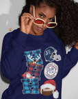 Navy unisex sweatshirt with football graphic and circular crest logo on the chest