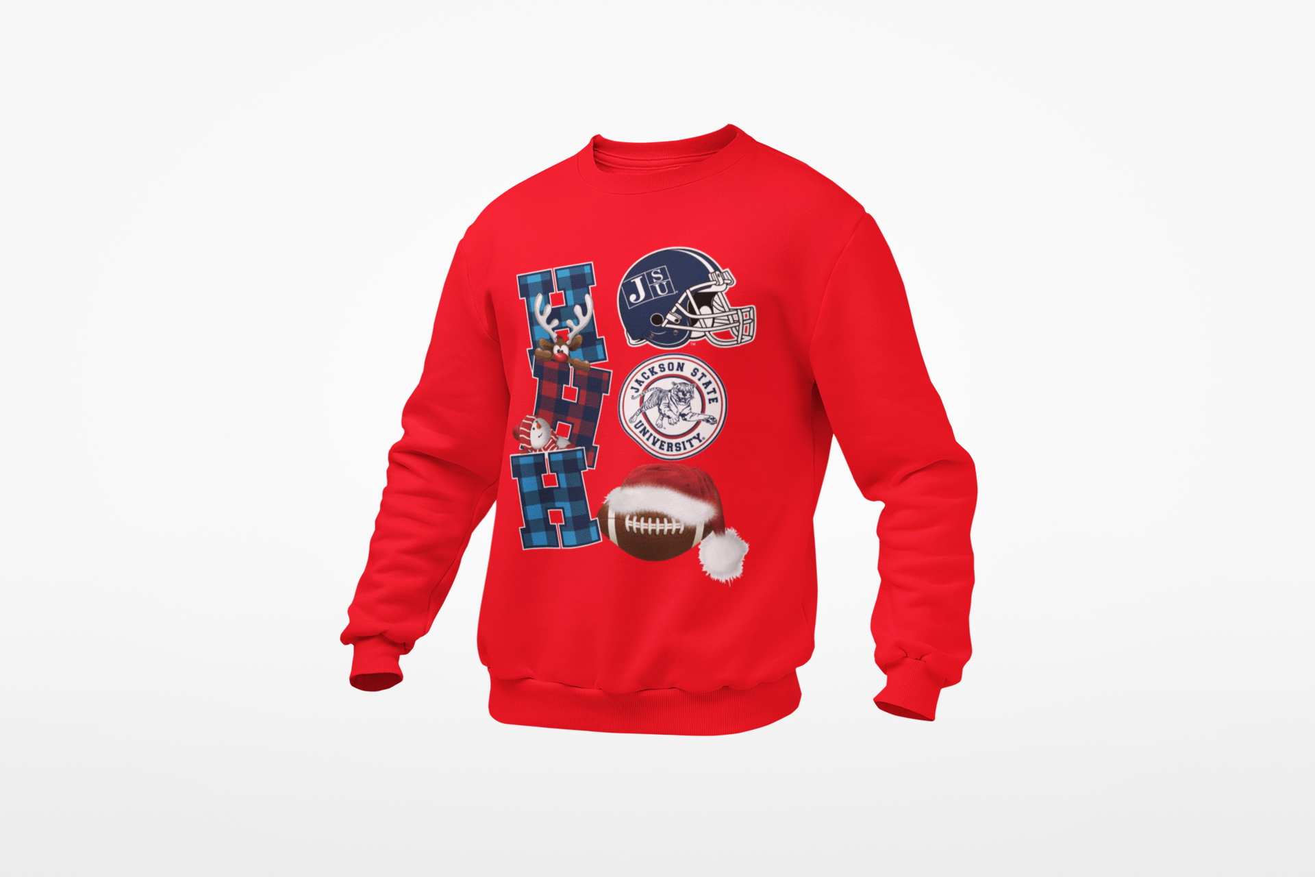 Red unisex sweatshirt with festive football graphic and circular team logo on chest