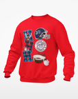 Red unisex sweatshirt with festive football graphic and circular team logo on chest