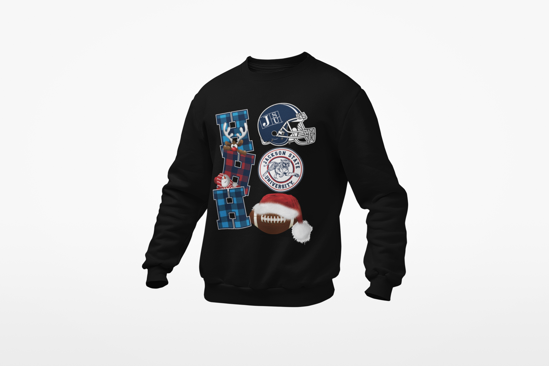 Black unisex sweatshirt with festive football graphic and circular team logo on chest