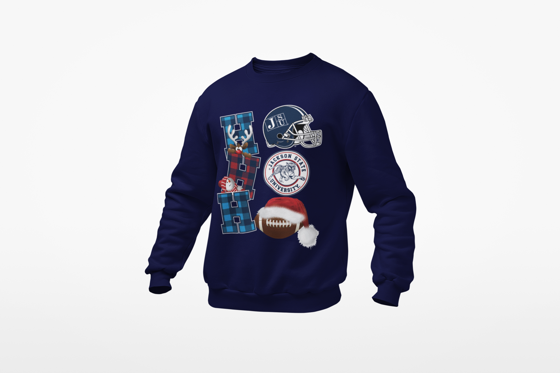 Navy unisex sweatshirt with festive football graphic and circular team logo on chest