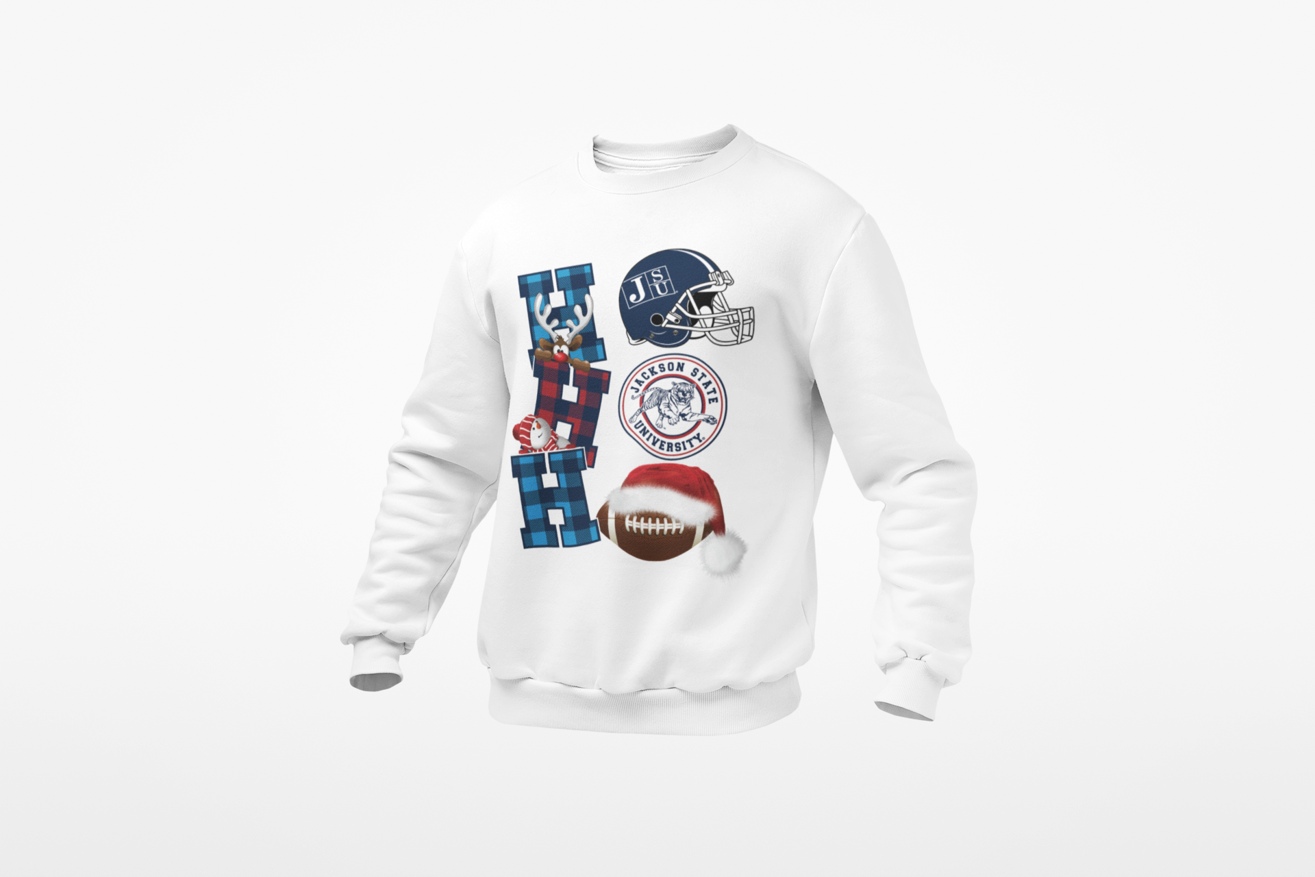White unisex sweatshirt with festive football graphic and circular team logo on chest
