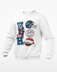 White unisex sweatshirt with festive football graphic and circular team logo on chest