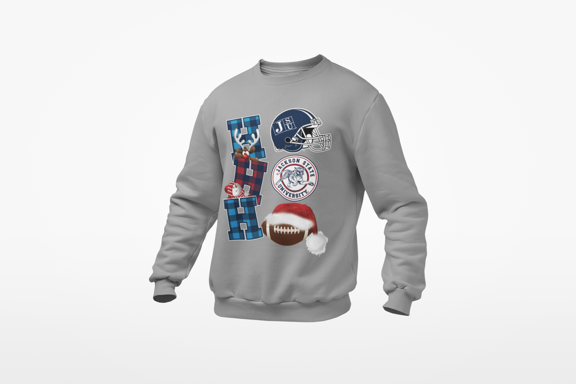 Athletic heather gray unisex sweatshirt with festive football graphic and circular team logo
