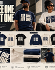 A promotional collage for a slogan T-shirt and sweatshirt. Large models wear navy and cream versions of the shirt with the text 'IF YOU SEE ONE, HIT ONE.