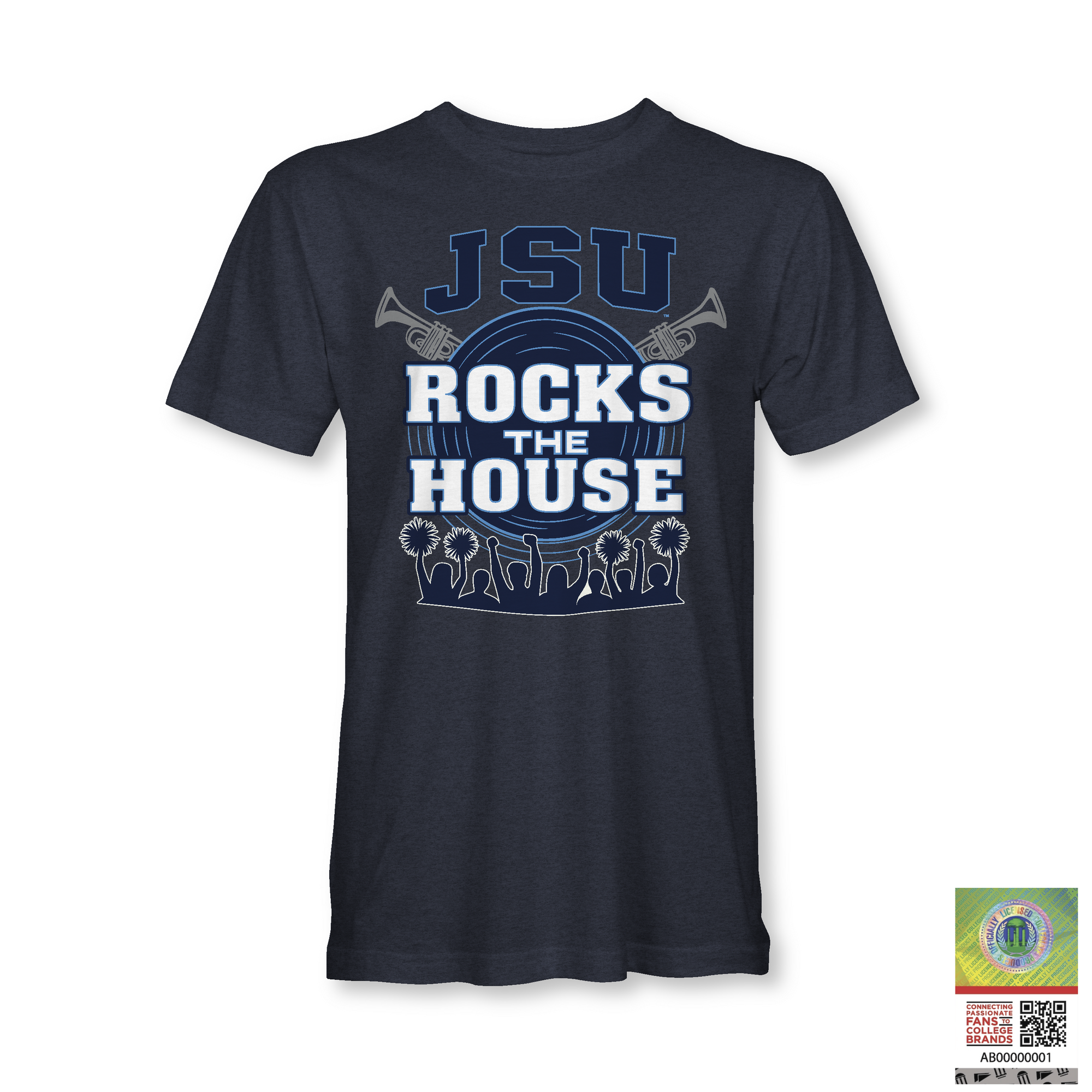 Youth dark navy T-shirt with JSU "ROCKS THE HOUSE" front graphic