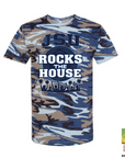 Blue camo unisex crewneck T-shirt with JSU Rocks the House front graphic
