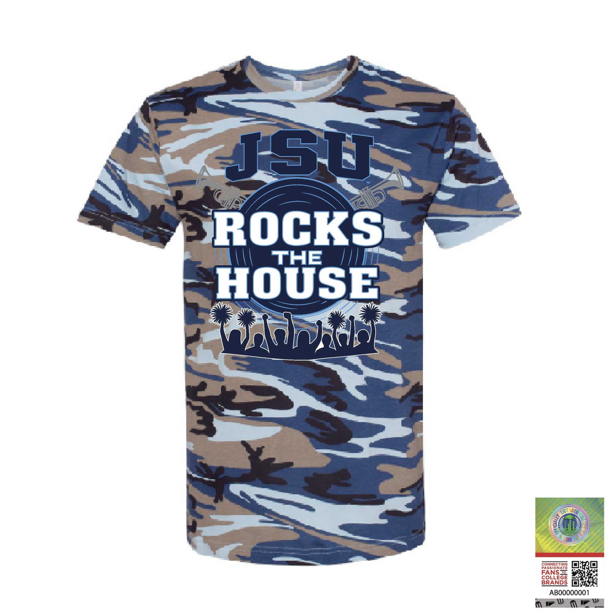 Youth camo T-shirt with JSU "ROCKS THE HOUSE" front graphic